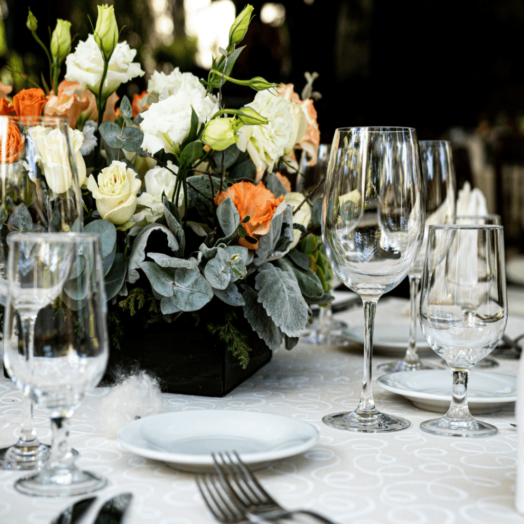 Floral centrepiece on wedding reception table